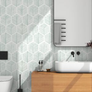 Modern Peel and Stick Wallpaper 17.3''×78.8'' Geometric Wallpaper Boho Contact Paper Green and White Self-Adhesive Wallpaper Removable Decorative Wallpaper for Bedroom Bathroom Cabinets Decor Vinyl