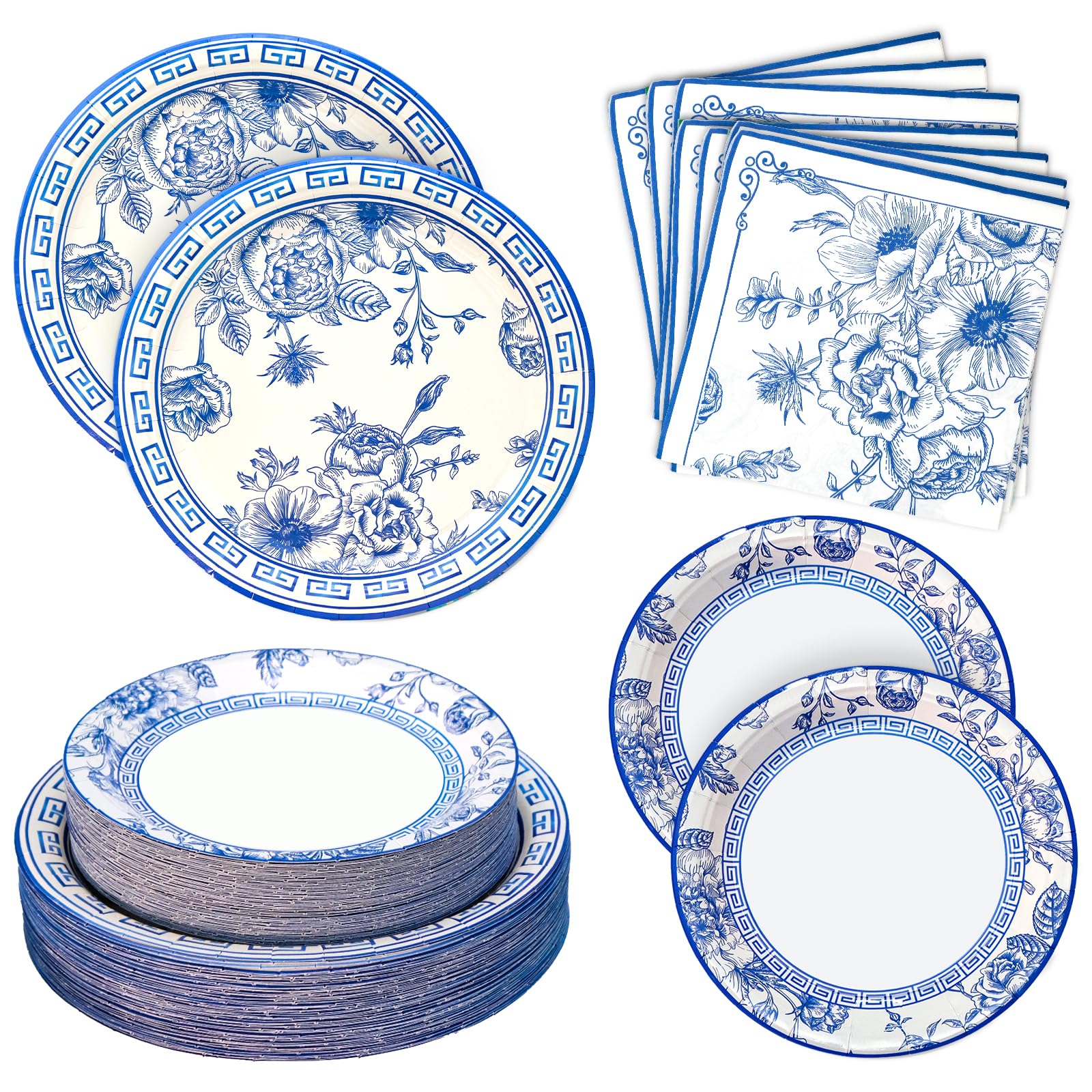 180PCS Blue White Floral Party Supplies Serve 60, Blue Flower Party Paper Plates and Napkins Kit for Bridal Baby Shower Wedding Tea Party Decorations, Includes Dinner Plates, Dessert Plates, Napkins