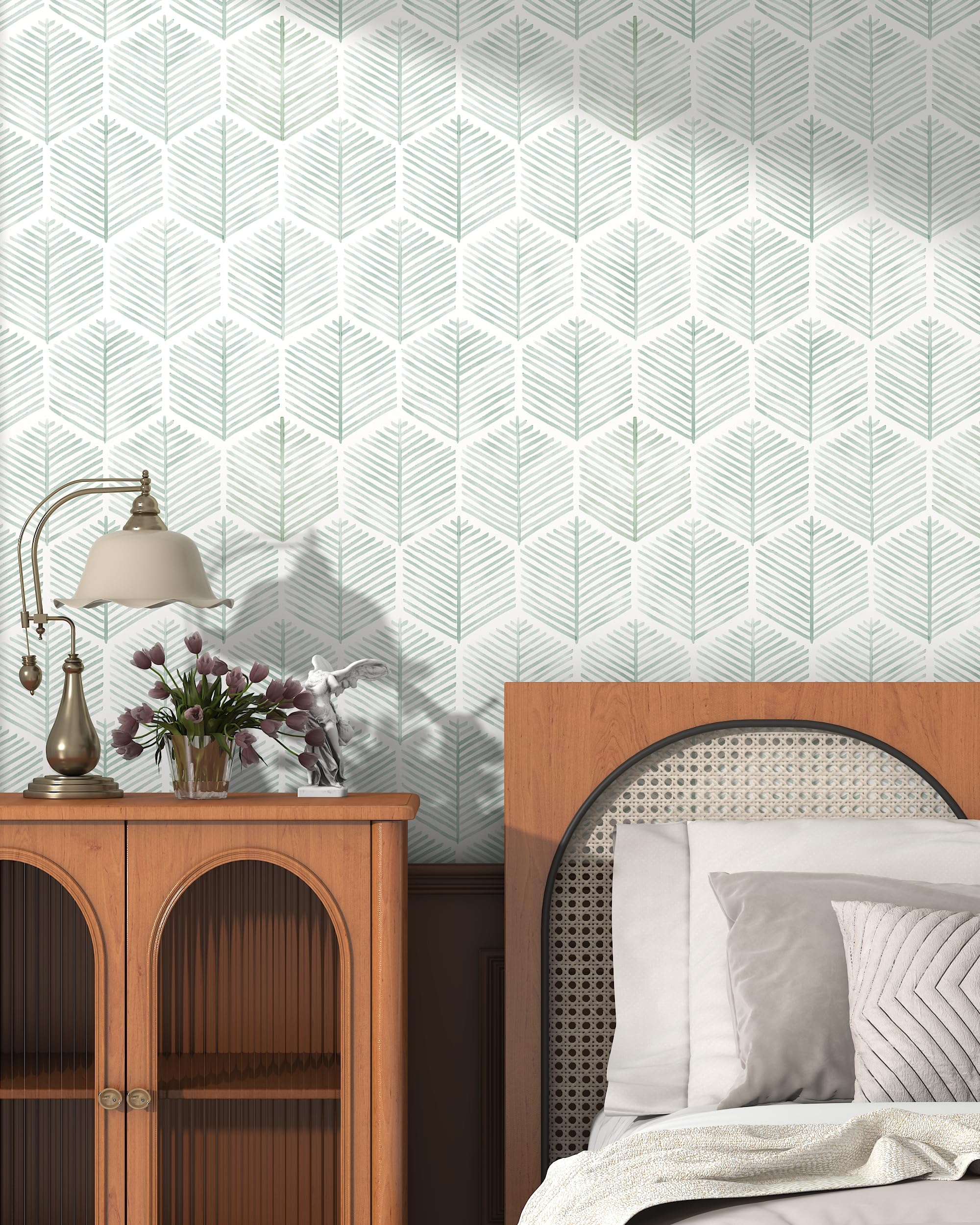 Modern Peel and Stick Wallpaper 17.3''×78.8'' Geometric Wallpaper Boho Contact Paper Green and White Self-Adhesive Wallpaper Removable Decorative Wallpaper for Bedroom Bathroom Cabinets Decor Vinyl