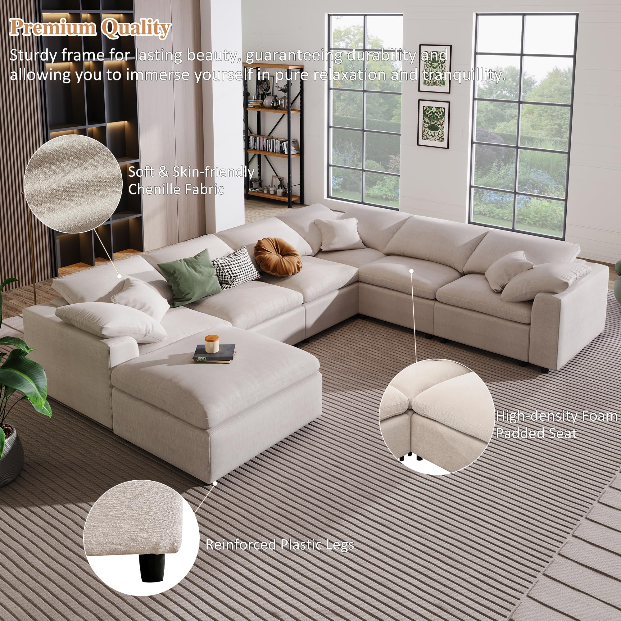 Tmsan 130.3" Oversized Cloud Sofa Couch Set for Living Room, Modern Convertible U Shaped Sectional Couch Large 7 Seater Chenille Corner Sofa with Ottoman for Apartment Office Spacious Space (Beige)