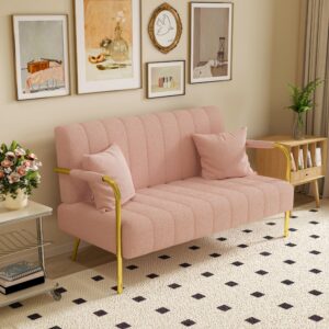 Klwenas Maec 59" Modern Cashmere Loveseat Sofa,Tufted Small Love Seat w/2 Pillows Golden Chrome Legs,2-Seater Upholstered Mini Sofa Couches for Small Space,Living Room Home Office (Pink)