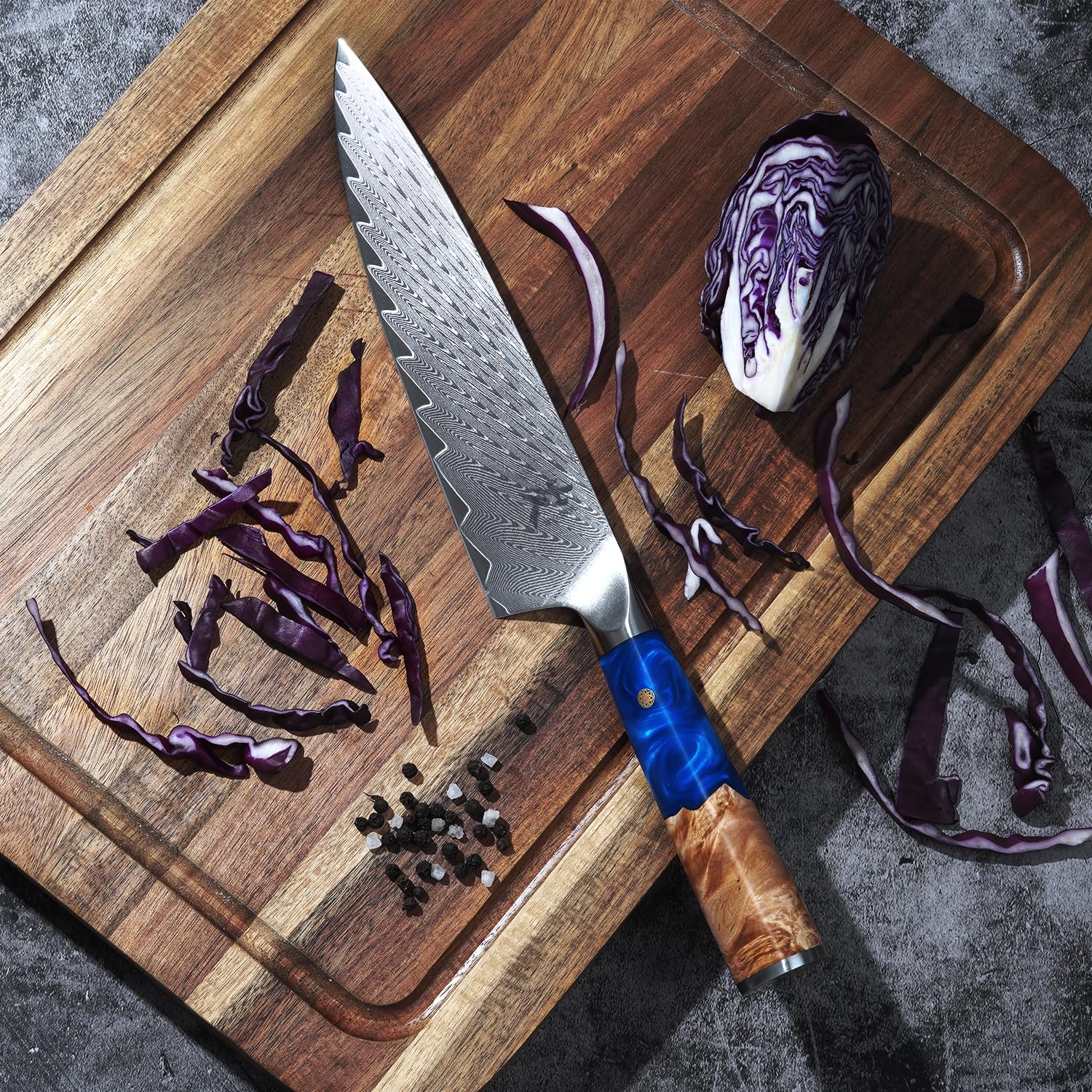 SAMCOOK Chef Knife - 8 Inch 67 Layer Forged Damascus Japan VG-10 Stainless Steel Kitchen Knives Blue Resin Wood Handle High Strength And Good Toughness Razor Sharp Cutting Meat