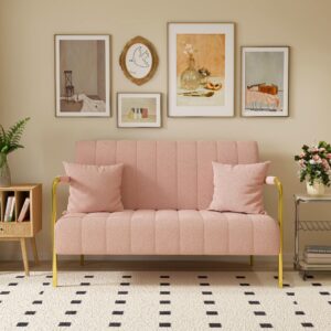 klwenas maec 59" modern cashmere loveseat sofa,tufted small love seat w/2 pillows golden chrome legs,2-seater upholstered mini sofa couches for small space,living room home office (pink)