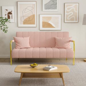 Klwenas Maec 59" Modern Cashmere Loveseat Sofa,Tufted Small Love Seat w/2 Pillows Golden Chrome Legs,2-Seater Upholstered Mini Sofa Couches for Small Space,Living Room Home Office (Pink)