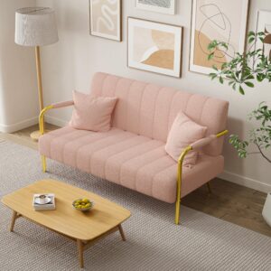 Klwenas Maec 59" Modern Cashmere Loveseat Sofa,Tufted Small Love Seat w/2 Pillows Golden Chrome Legs,2-Seater Upholstered Mini Sofa Couches for Small Space,Living Room Home Office (Pink)