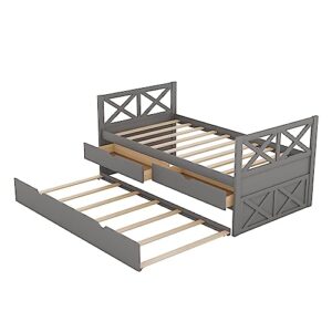 RORIGAT Twin Size Daybed with Trundle and Drawers,Multi-Functional Solid Pinewood Bedframe for Boys/Girls/Adult,No Box Spring Needed,Gray