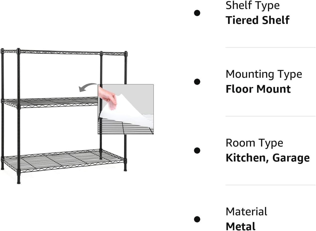 Catalina Creations 3-Shelf Storage Shelves with 3-Shelf Liners, Heavy Duty Adjustable Rack, Steel Wire Shelves and Storage for Kitchen and Garage (36W x 16D x 36H, Black)