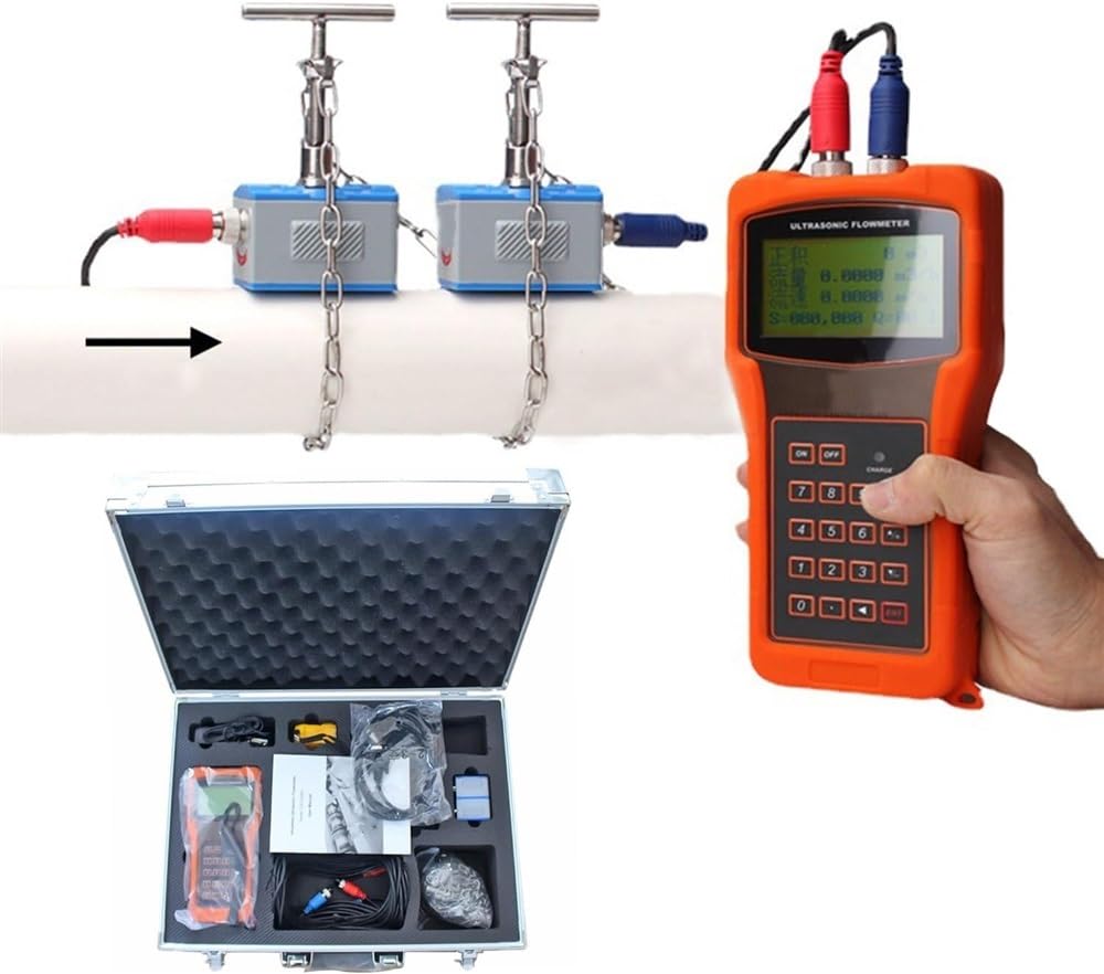 RUGPDA TUF-2000H Portable Handheld Ultrasonic Flow Meter with Clamp On Sensor TM-1(DN50-700mm) Water Flowmeter with Clamp-on Transducers for Industrial (Color : 110V)