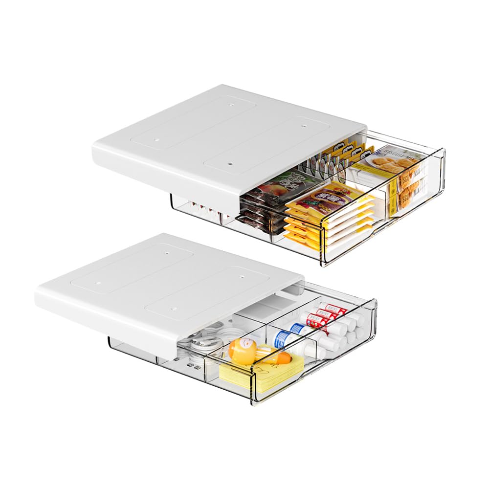 COZYWELL 2 PACK Under Desk Storage Drawers With Divider, Self-Adhesive Under Desk Drawers for Home Bedroom Office Kitchen Stationary Organization, 1 Large Drawer & 1 Medium Drawer