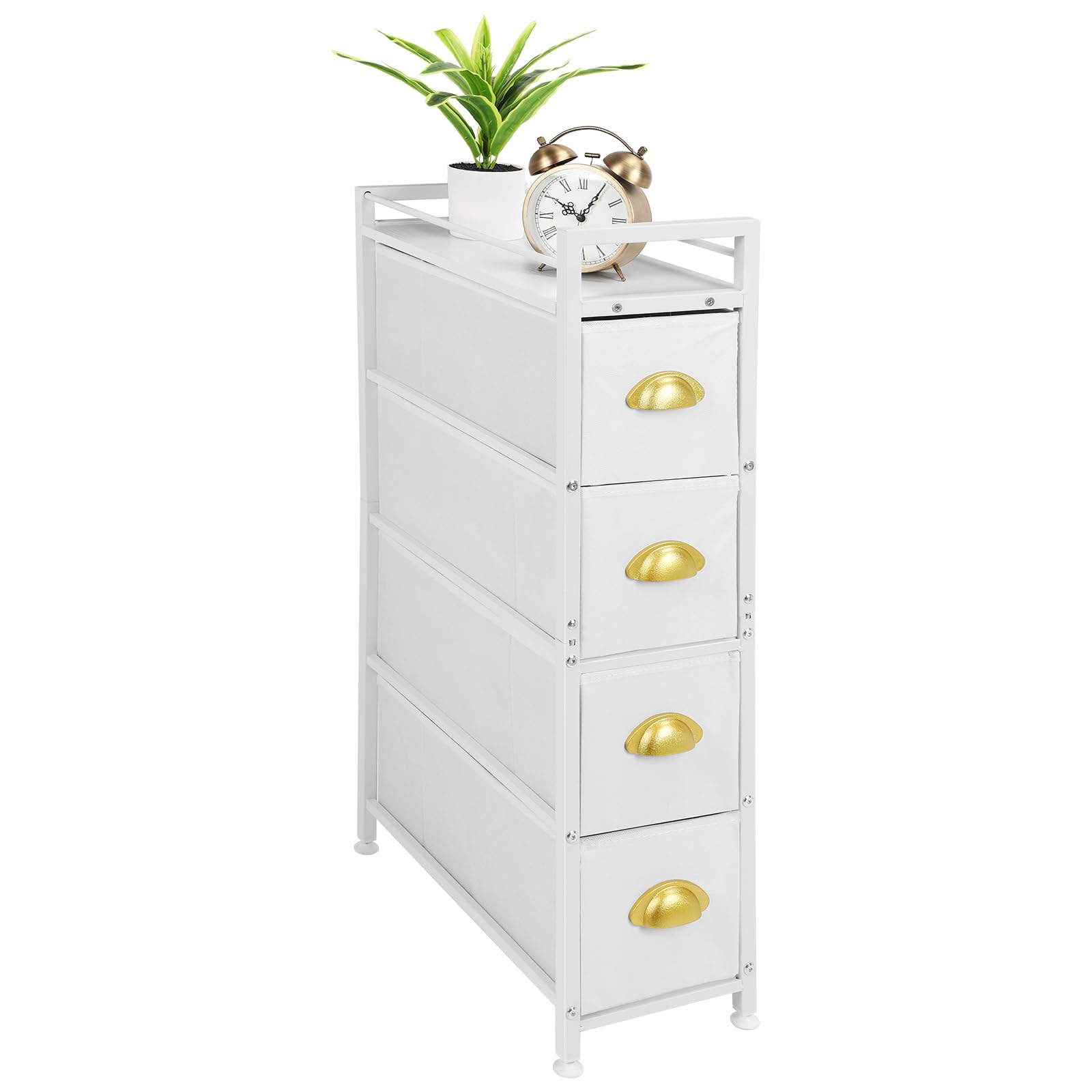 HAITRAL Narrow Dresser - 4 Drawers Fabric Storage Cabinet - Vertical Standing Storage Chest - Gaps Tower Organizer with Removable Drawers and Wooden top for Laundry, Living Room, Entryway (White)