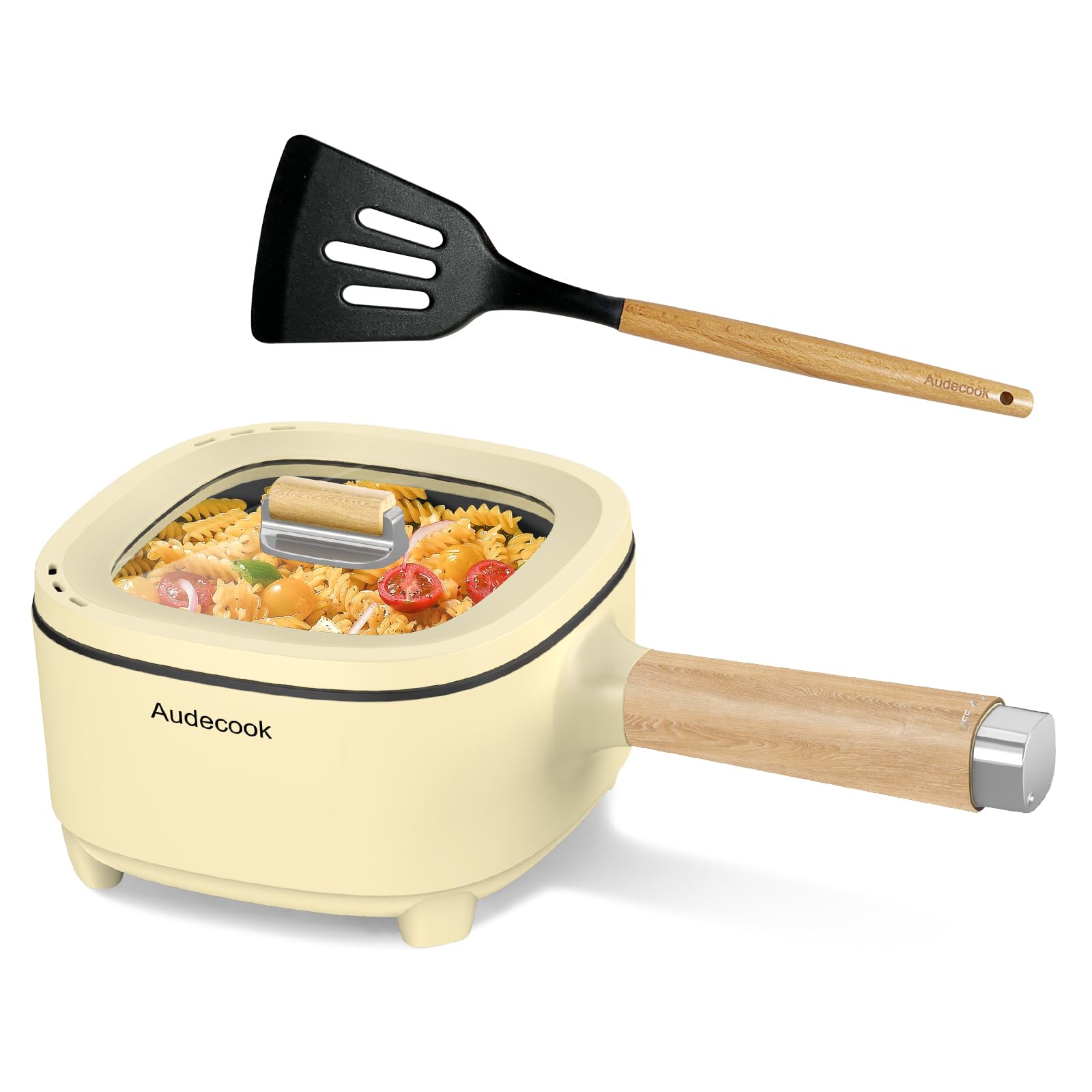 Audecook Hot Pot Electric 2L, Cermic Glaze Non-Stick Frying Pan 8 Inch, Portable Travel Cooker for Ramen/Steak/Fried Rice/Oatmeal/Soup, with Dual Power Control (Silicone Spatula Included)