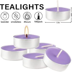 Howemon Purple Lavender Scented Tealight Candles - 4 Hours - Giant 100 Bulk Packs - Smokeless Tea Lights for Valentine's Day, Weddings,Christmas, Home Decorative