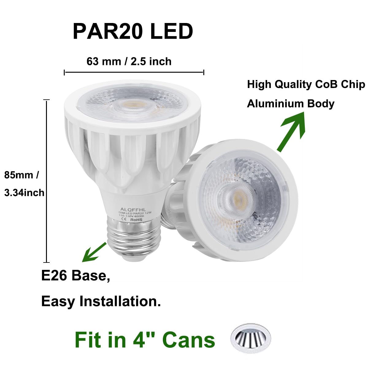 PAR20 LED Bulb 12W, Recessed Narrow Flood Light, Dimmable COB Spot Lamp (100W Halogen Equivalent), E26 Medium Base, 36 Degree Beam Angle, AC 120V, 1200 Lumens, 4000K, Pack of 2 (Natural White)