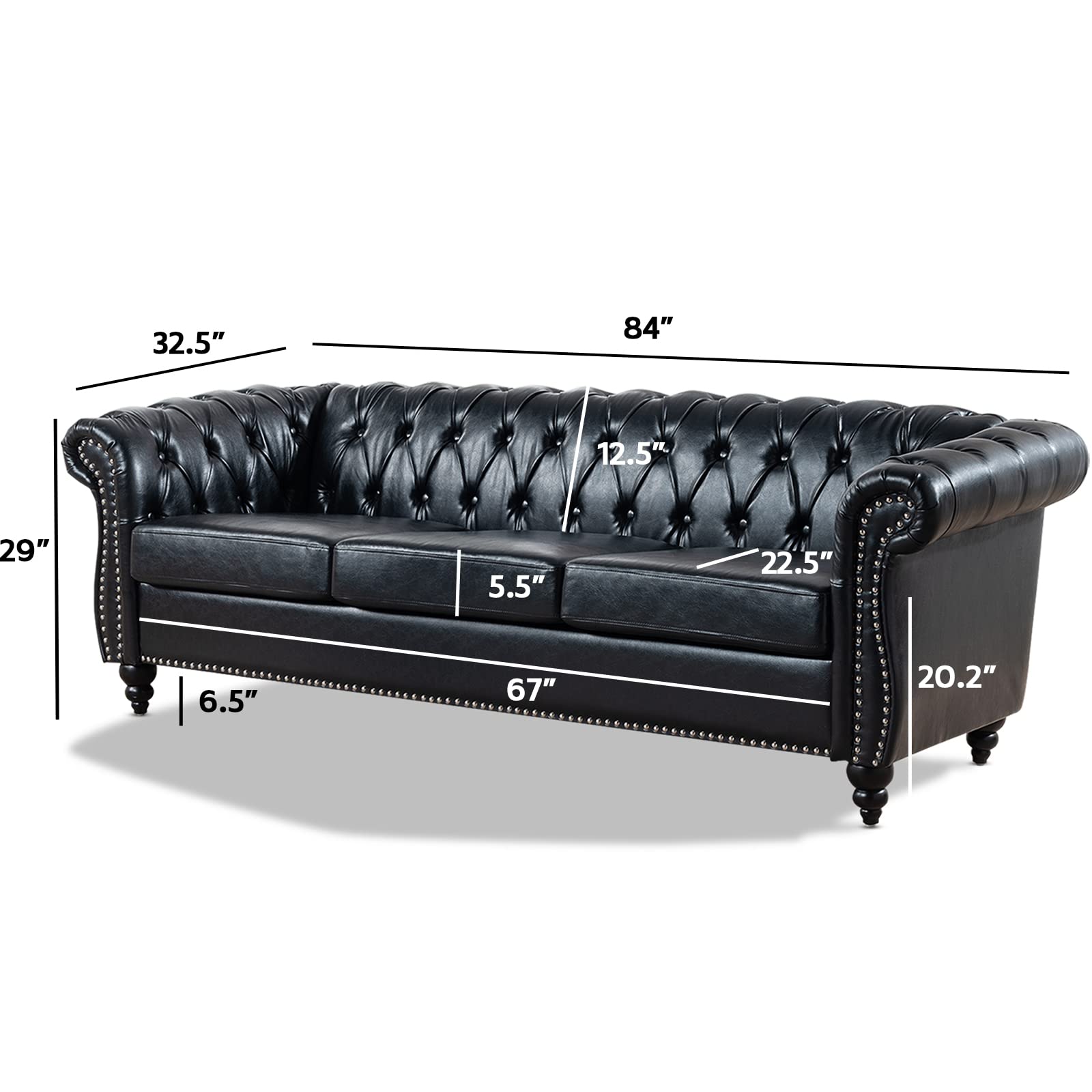 TINGMAMADEHUA Black Chesterfield Sofa,3 Seater Sofas,Button Tufted Faux Leather Couch for Living Room Bedroom Office