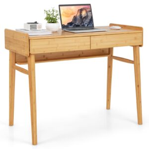 tangkula bamboo mid century desk with 2 storage drawers, home office study writing desk with shelf & cable management groove, home office desk for working & learning