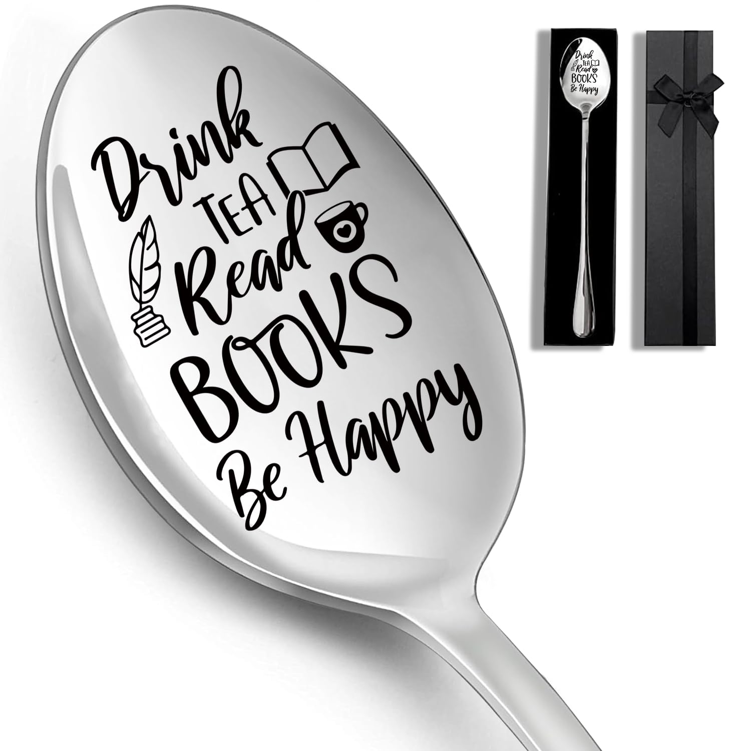 Drink Tea Read Books Stainless Steel Spoon Long Handle Spoon, Coffee Tea Spoon and Ice Cream Spoon for Tea Book Lovers Men Boys and Girls Birthdays Christmas Thanksgiving Gift