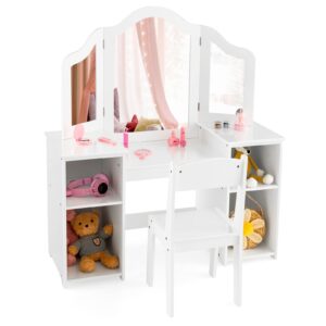 kotek kids vanity table and chair set, 2 in 1 wooden princess dressing desk with detachable tri-folding mirror & storage shelves, girls pretend play beauty makeup vanity for bedroom (white)