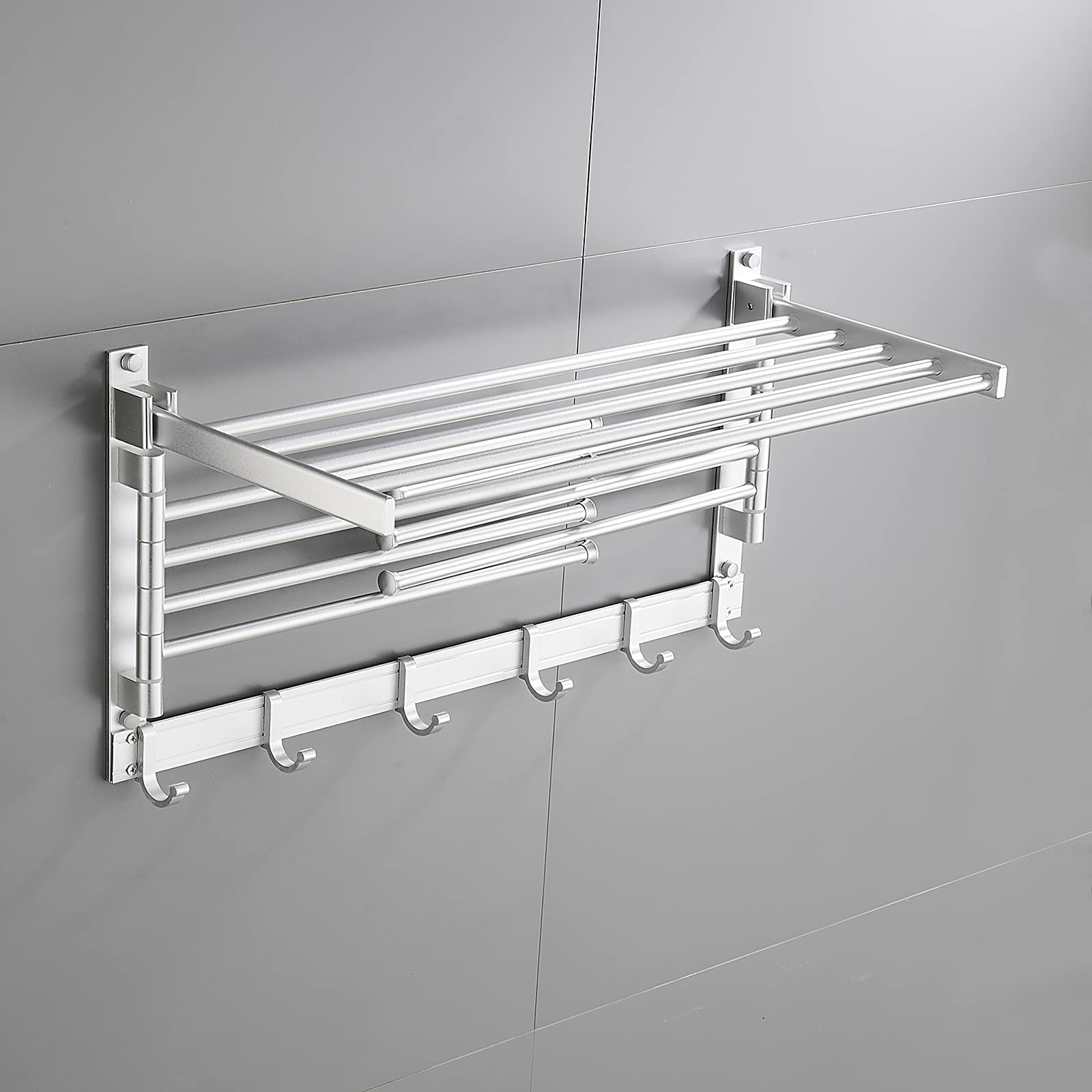 Rosyouth Laundry Clothes Drying Rack, Wall Mounted Swivel Towel Rack with Hooks and Swing Arms, Space Saver in Laundry Room and Bathroom, Space Aluminum