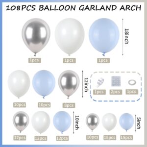 Blue White Balloon Arch Kit, 108 Pcs Blue Silver White Balloon Garland with 18/12/10/5 Inch Pastel Baby Blue White Silver Latex Balloons for Boys Baby Shower Birthday Wedding Graduation Decorations