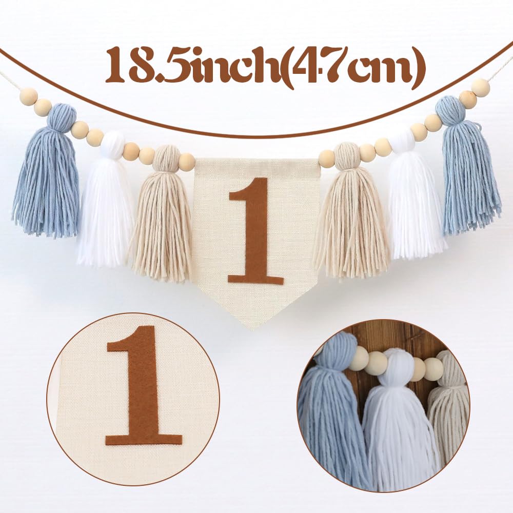 Handmade Boho 1st Birthday High Chair Banner Party Decoration For Girl Baby Shower Blue And White Wall Hangings Decorative For Kids Bedroom