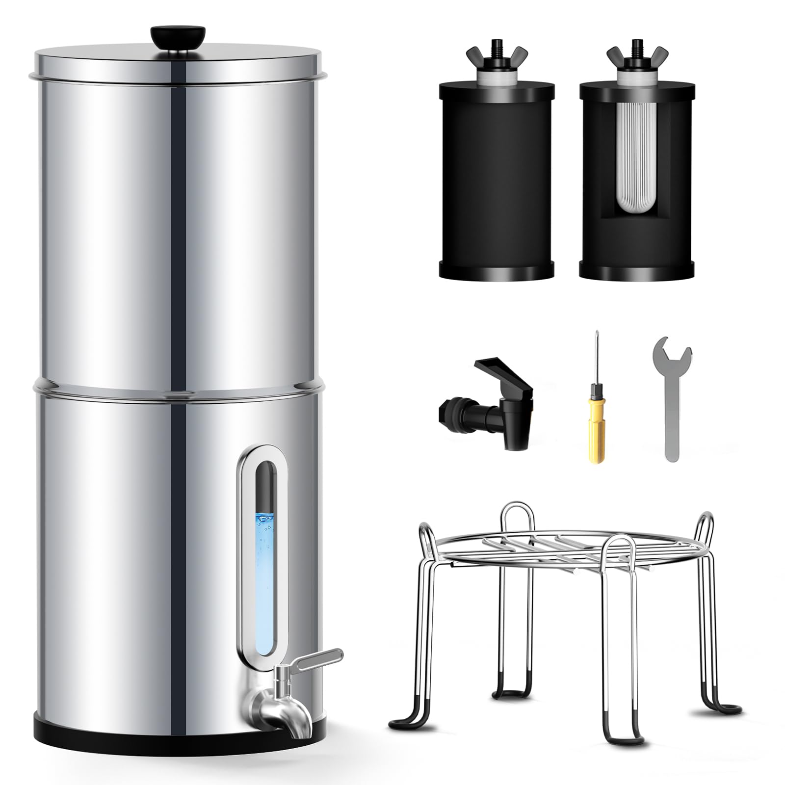 2.25G Gravity Water Filtration System - Water Level Window, NSF/ANSI 42&372 Certification,18/8 Stainless Steel Countertop Water Filter System - Reduce Up to 99.9% Chlorine, for Home, RVing