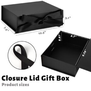 JOHOUSE Black Gift Box, 10.5" x 7.5" x 3.1" Gift Boxes with Lids for Presents, Magnetic Closure Collapsible Gift Box with Ribbon For Groomsman Proposal Gift, Birthdays, Halloween, Weddings