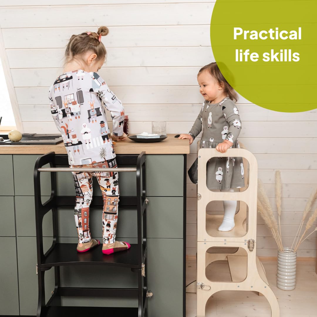 Ette Tete STEP'n'SIT® • Montessori Helper Tower - Table • Convertible Step Stool 2-in-1 with Support Legs (with Brass Clasps, White)