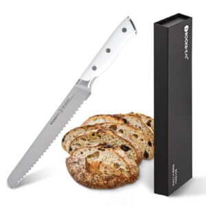 rocksheat bread knife 8.5 inch ultra sharp serrated bread slicing knife for homemade crusty bread one-pieces fully forged stainless steel cake knife