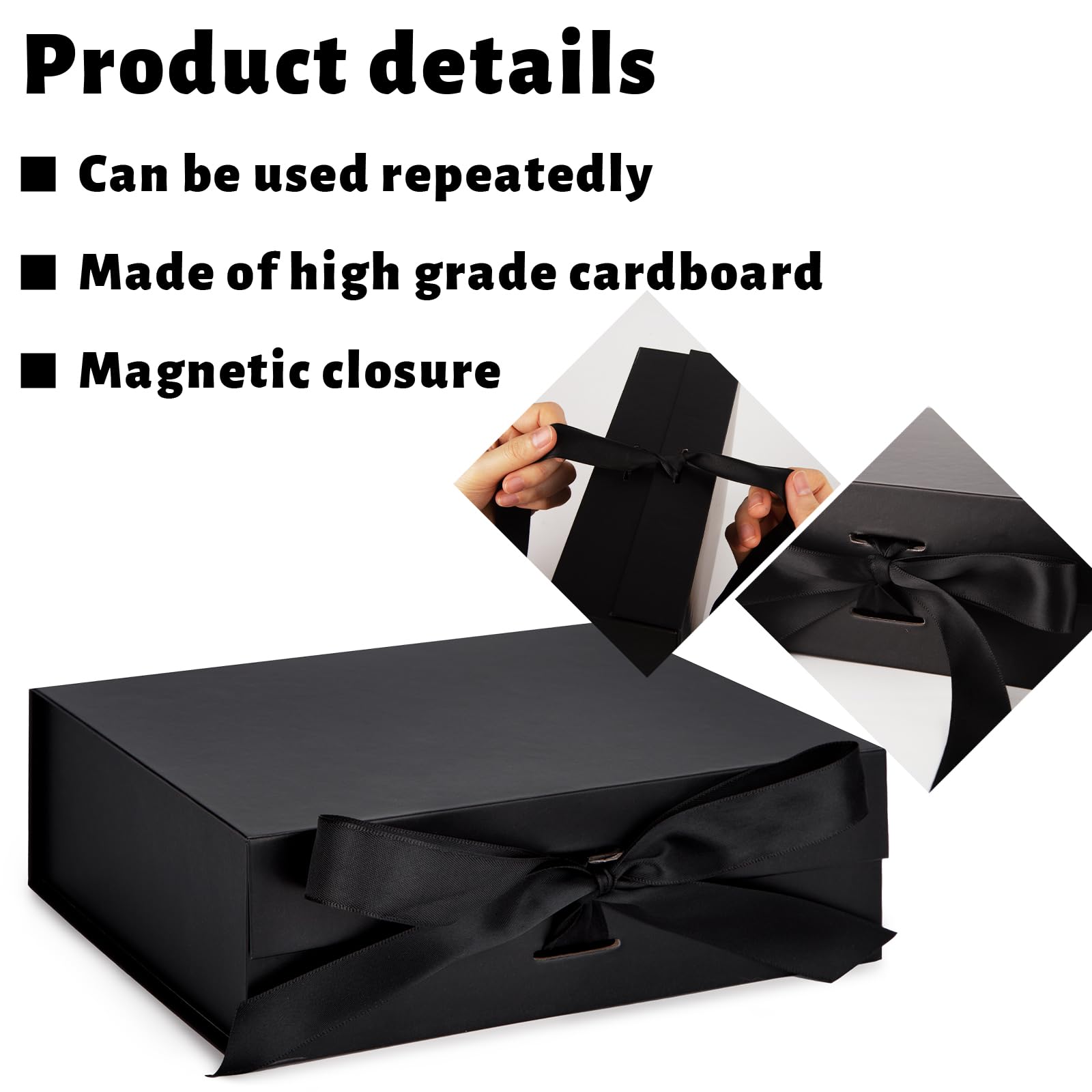 JOHOUSE Black Gift Box, 10.5" x 7.5" x 3.1" Gift Boxes with Lids for Presents, Magnetic Closure Collapsible Gift Box with Ribbon For Groomsman Proposal Gift, Birthdays, Halloween, Weddings