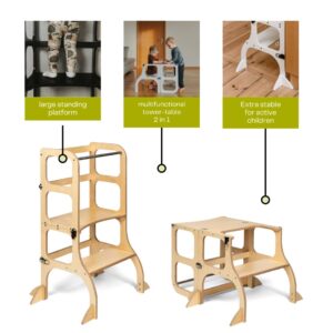 Ette Tete STEP'n'SIT® • Montessori Helper Tower - Table • Convertible Step Stool 2-in-1 with Support Legs (with Brass Clasps, White)