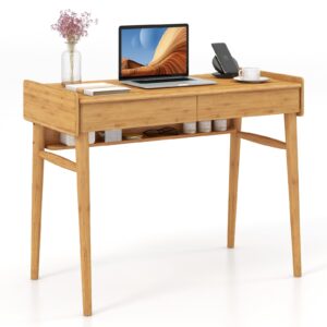 giantex computer desk, 39.5" bamboo home office desk with 2 storage drawers and open shelf, makeup table vanity desk, modern writing desk computer workstation for bedroom, study, natural