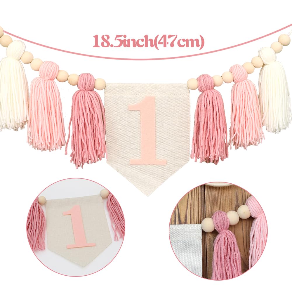 Handmade Boho 1st Birthday High Chair Banner Party Decoration for Girl Baby Shower Pink Wall Hangings Decorative for Kids Bedroom