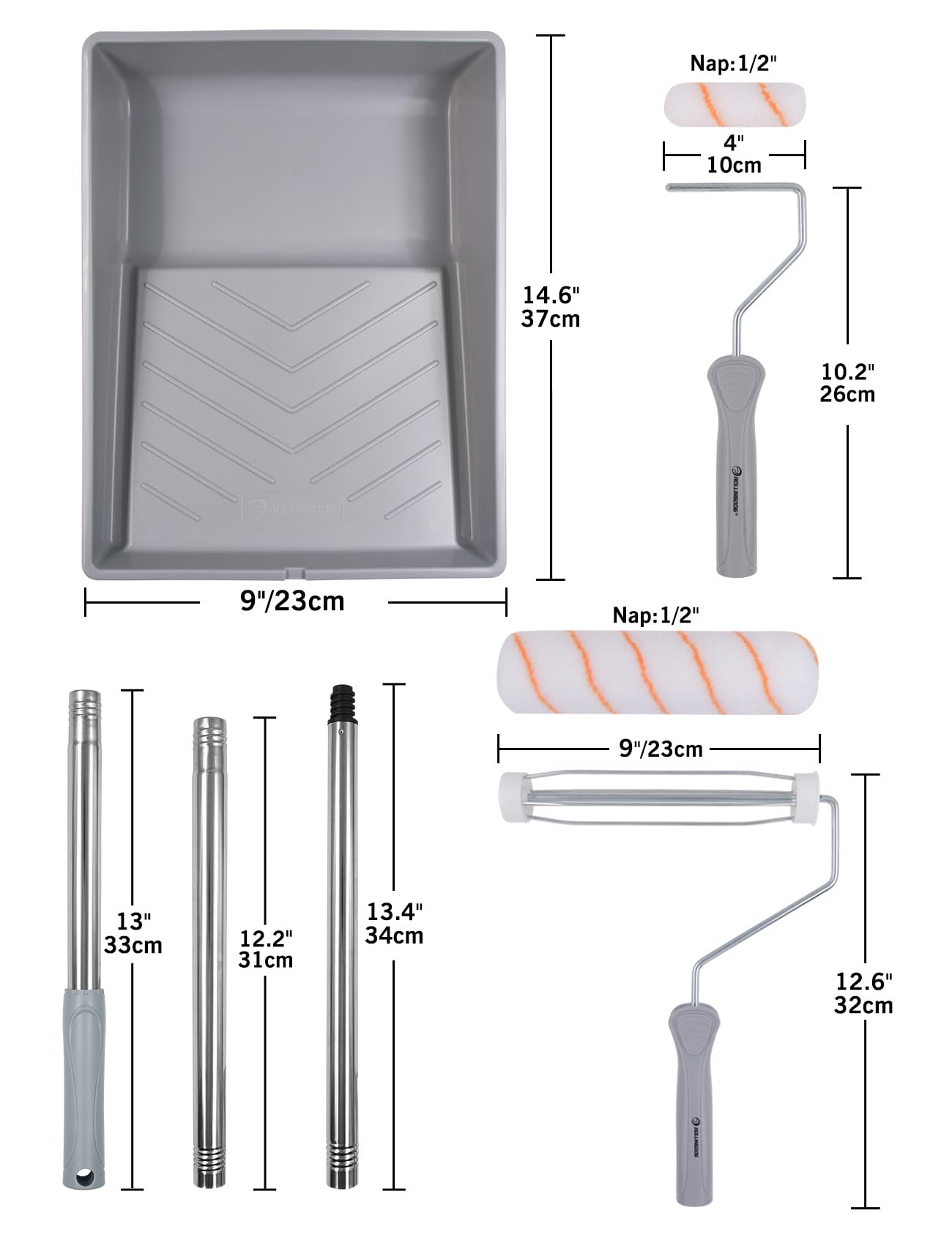 ROLLINGDOG Paint Roller Kit with Extension Pole - 9 Inch Paint Roller with Tray, 4Inch Mini Rollers,Stainless Steel Extension Pole (3ft)