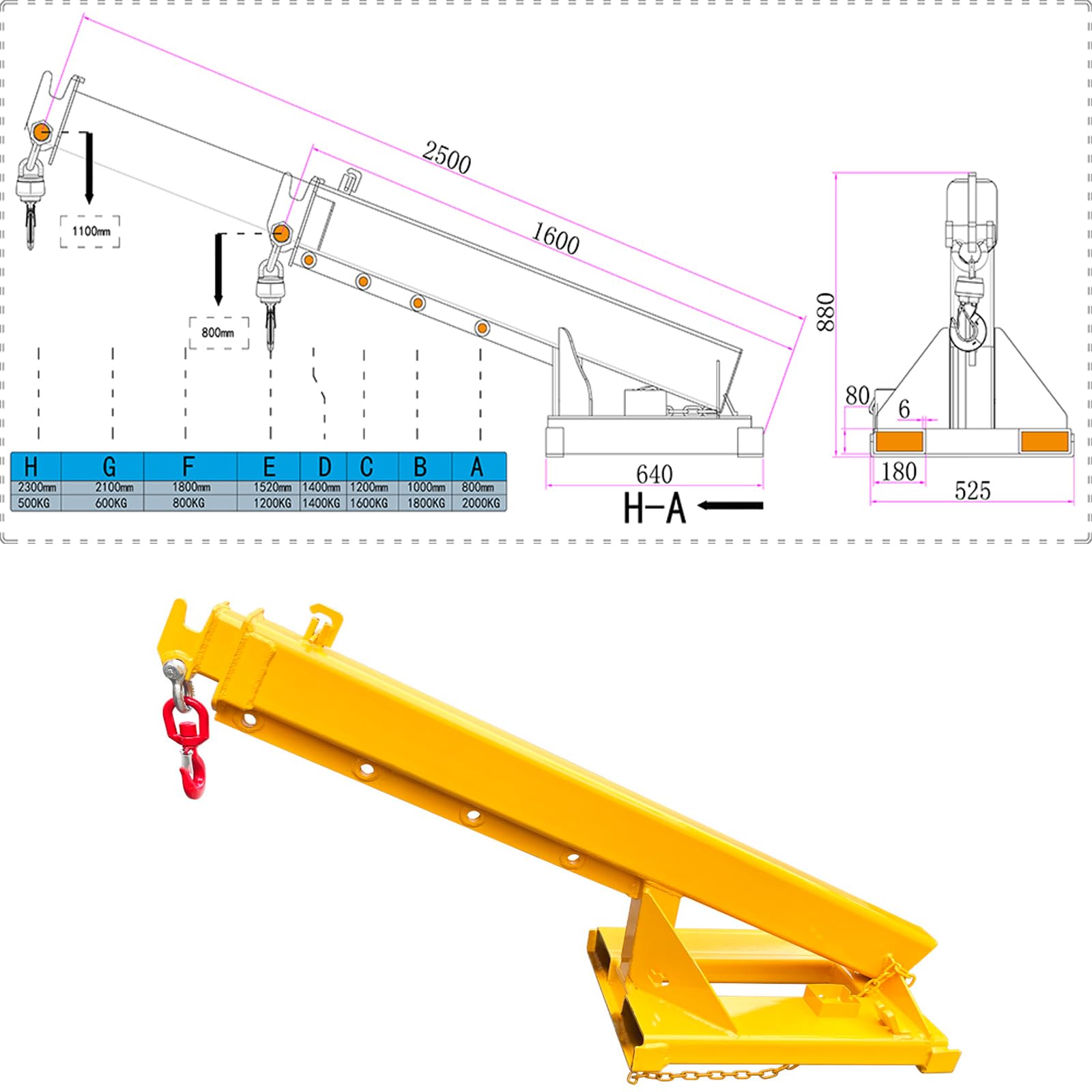 WYDDDARY Adjustable Mobile Crane Lifting Hoist Truss Jib Boom Hook 6614LbS Capacity Forklift Telescopic Boom for Forklift Towing Handling(Angle Fixation)