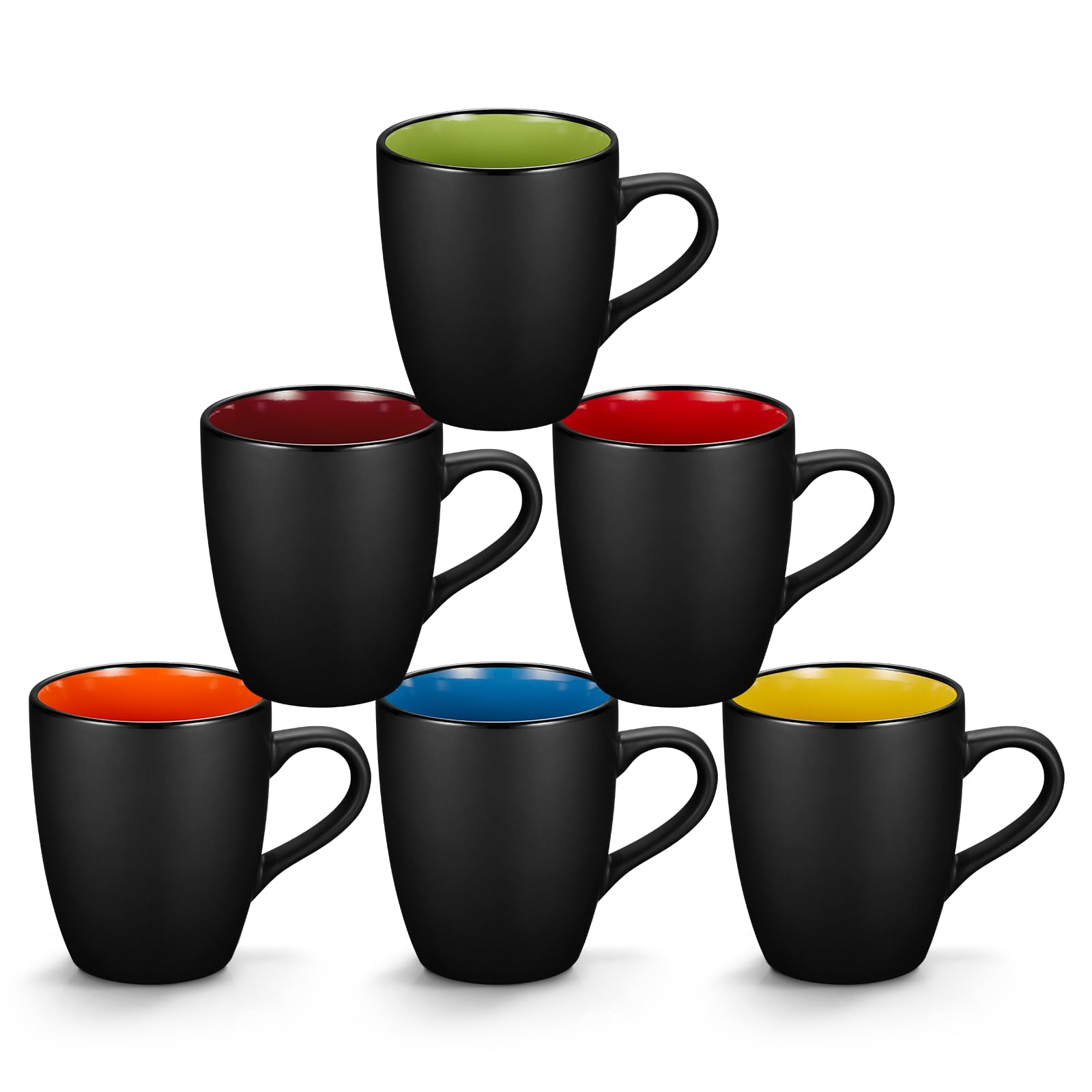 Qipecedm 6 Pack Porcelain Coffee Mugs Set, 12 Ounces Ceramic Coffee Mugs, Matte Black Coffee Mug, Restaurant Coffee Cups for Coffee, Tea, Cappuccino, Cocoa, Cereal, Black outside and Colorful inside