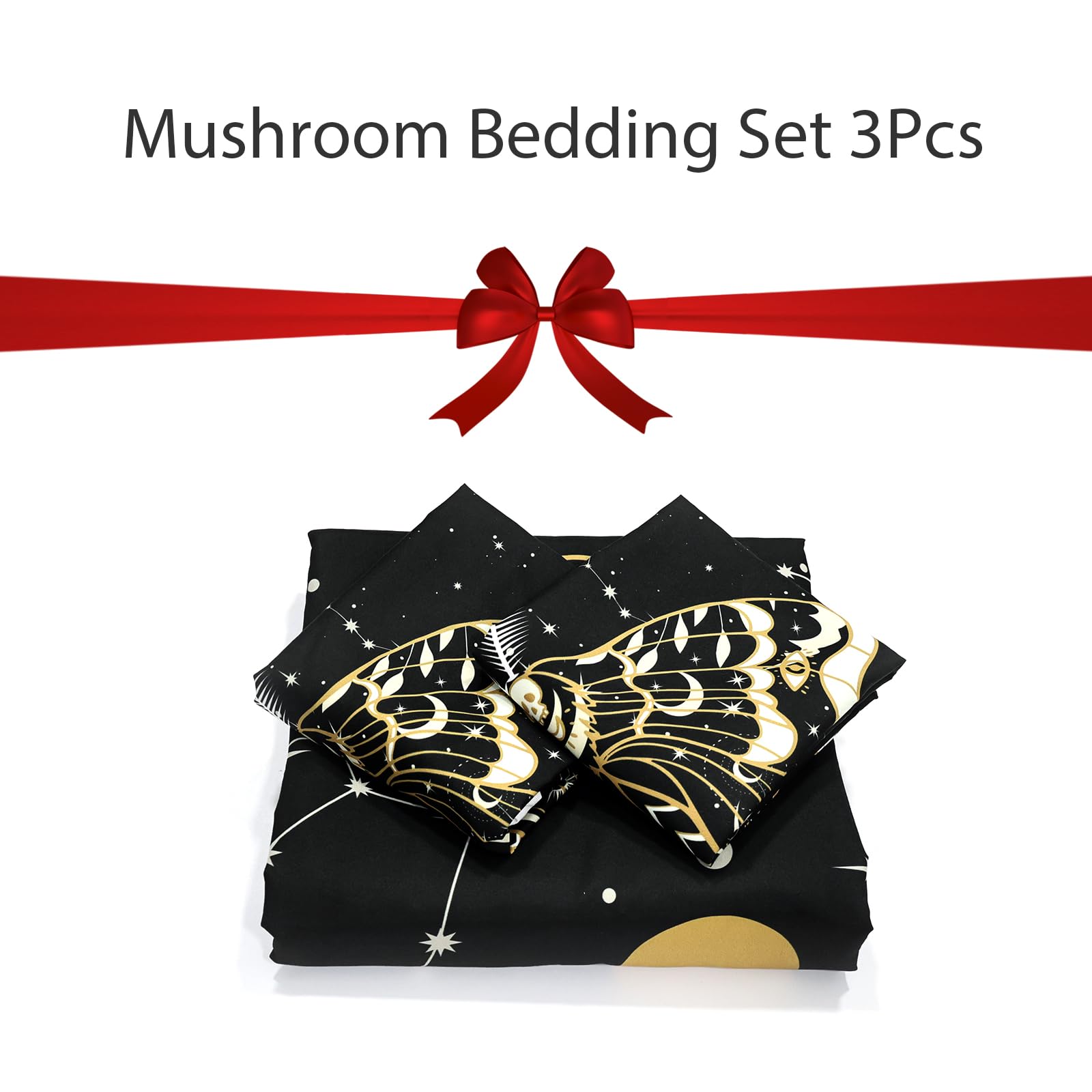 Zhh Duvet Cover Queen Bedding 3 of Set - Mushroom Butterfly Quilt Cover with 4 Corner Belts, Soft Breathable, Black