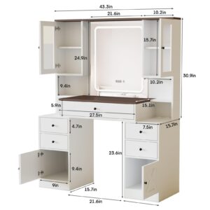 Vanity Desk with Mirror and Lights,White Makeup Vanity Table with Power Strip & LED Lighted Mirror,43in Large Makeup Desk with 5 Drawers,4 Cabinets and Lots Storage,3 Lighting Modes,White+Brown