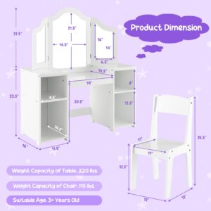 KOTEK Kids Vanity Table and Chair Set, 2 in 1 Wooden Princess Dressing Desk with Detachable Tri-Folding Mirror & Storage Shelves, Girls Pretend Play Beauty Makeup Vanity for Bedroom (White)