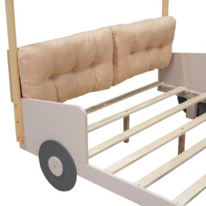 Bellemave Full Size Race Car Bed with LED Light and Ceiling Cloth, Wood Low Platform Bed Frame with Tufted Headboard and Support Slats for Kids Boys Girls Teens, Natural