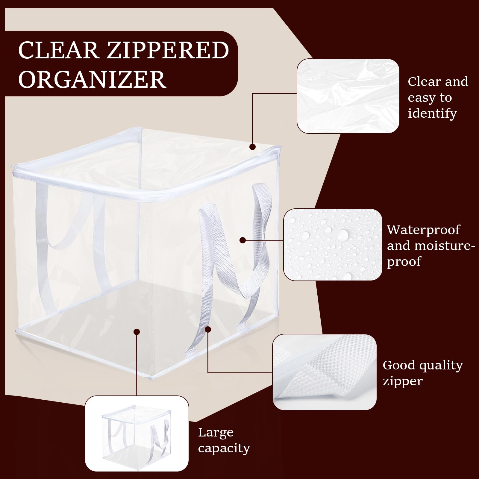 6 Pcs Clear Zippered Organizers 12 × 12 × 12 inch PVC Clear Clothes Storage Bags with Reinforced Handles Moving Bags with Zippers for Clothes, quilts, shoes, blankets (6)