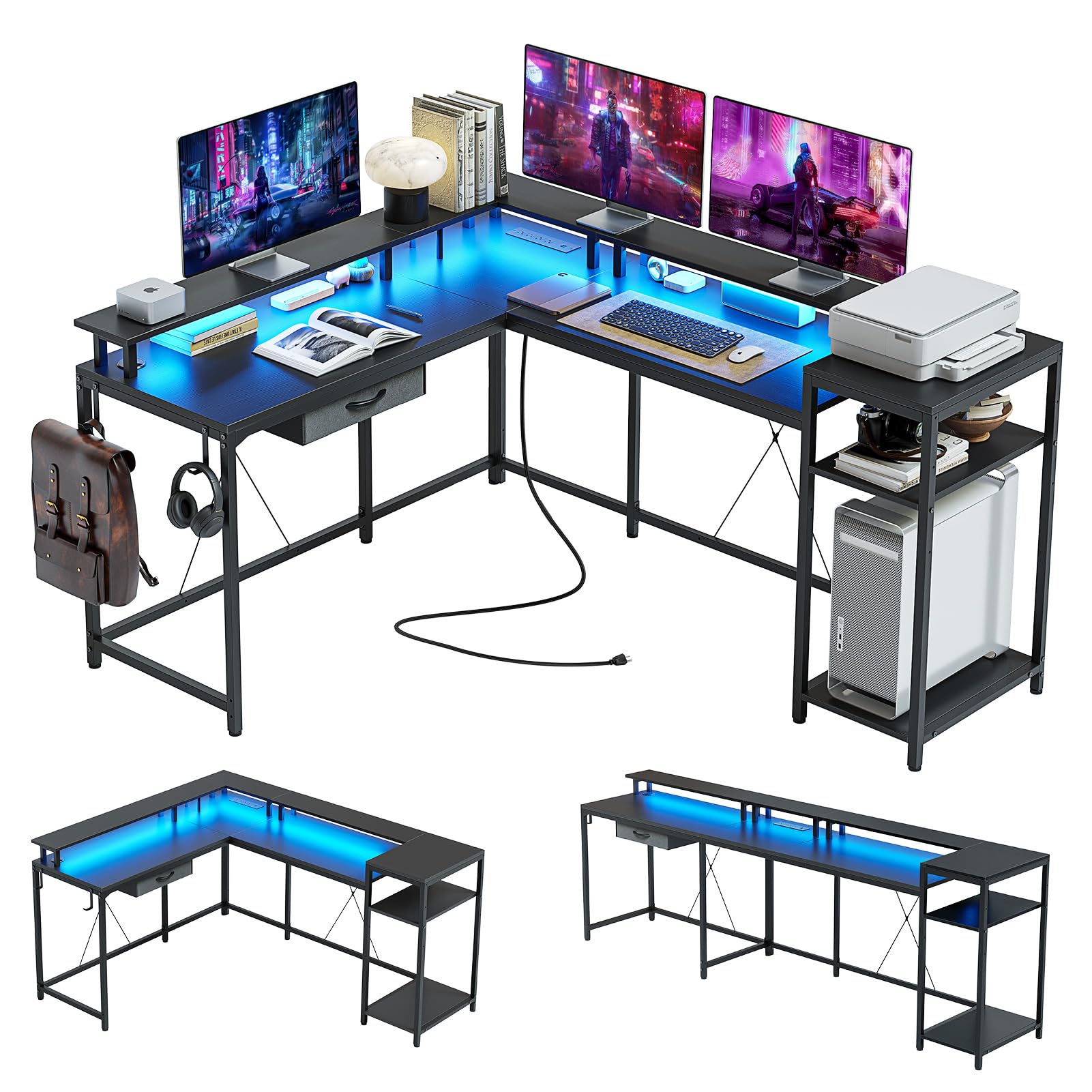 Jojoka L Shaped Gaming Desk,68" Computer Desk with Power Outlets & LED Lights, Home Office Desk with File Drawer, Corner Desk with Monitor Shelf and Hook, Two Person Desk (Black)