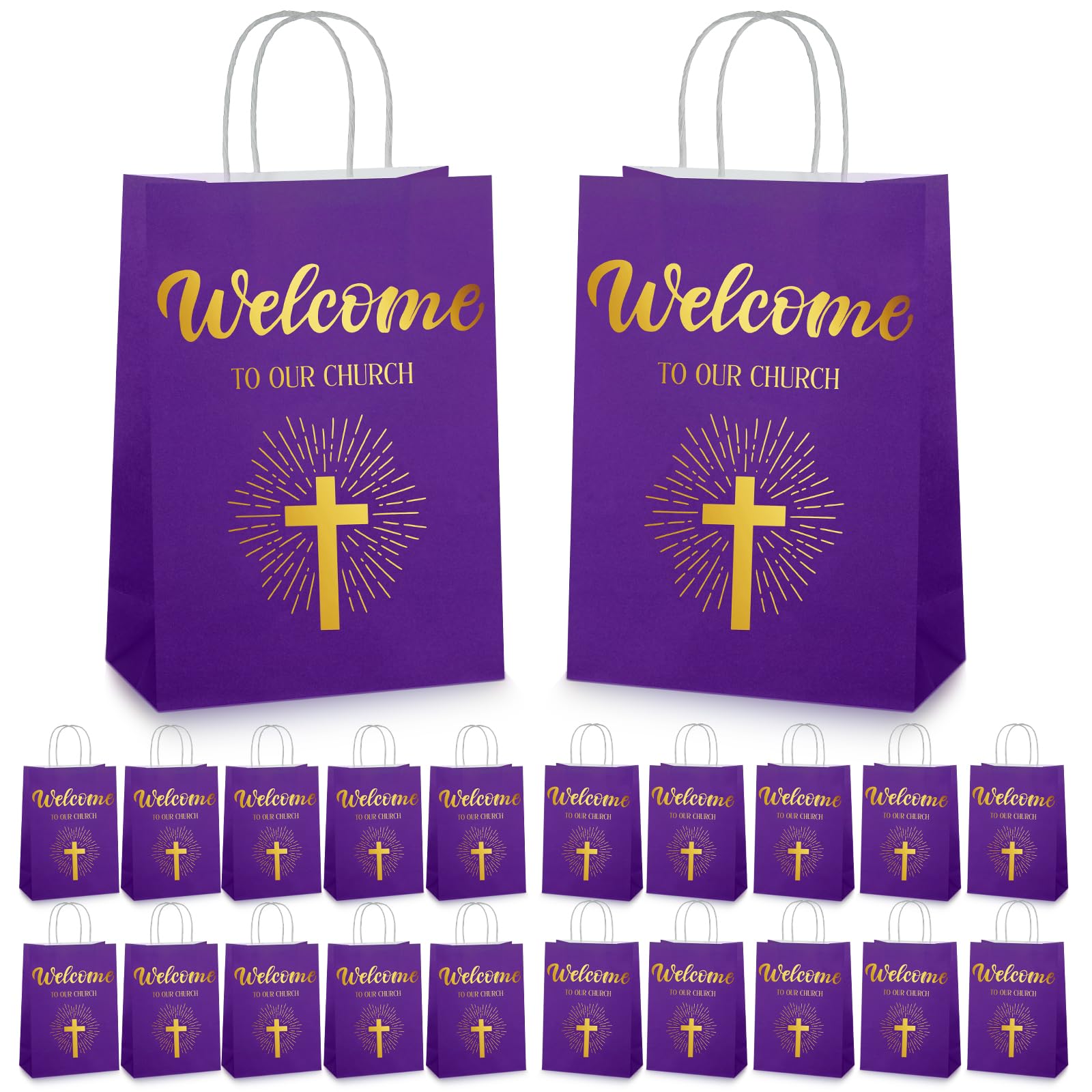 Chuangdi 50 Pcs Church Welcome Gift Bags Christmas Christian Paper Bags Welcome to Our Church Bags Religious Bags with Handles for Church Guest Baptism Birthday Church Party,5.9 x 3.15 x 8.27 Inch(Purple)