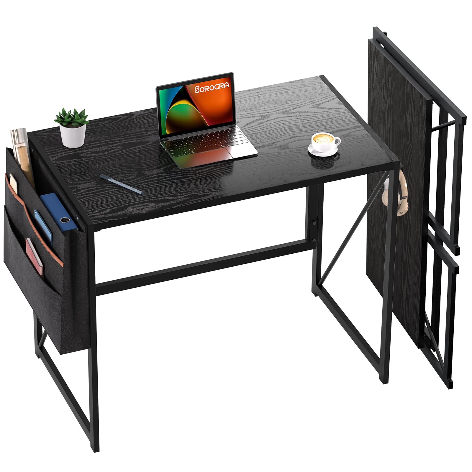 SOROGRA Folding Desk, Small Foldable Desk 31.5 Inch for Small Space, Computer Table Home Office Writing Desk with Storage Bag Headphone Hook, Easy Assembly, Black