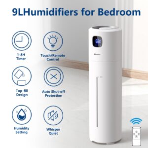 Large Humidifiers for Bedroom, 9L/2.5Gal Ultrasonic Cool Mist Humidifier, Easy Clean Humidifier with 350ML/H Large Mist Speed, Quiet Tower Humidifier, Suitable for Kids Room Plant Yoga (White)