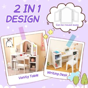 KOTEK Kids Vanity Table and Chair Set, 2 in 1 Wooden Princess Dressing Desk with Detachable Tri-Folding Mirror & Storage Shelves, Girls Pretend Play Beauty Makeup Vanity for Bedroom (White)