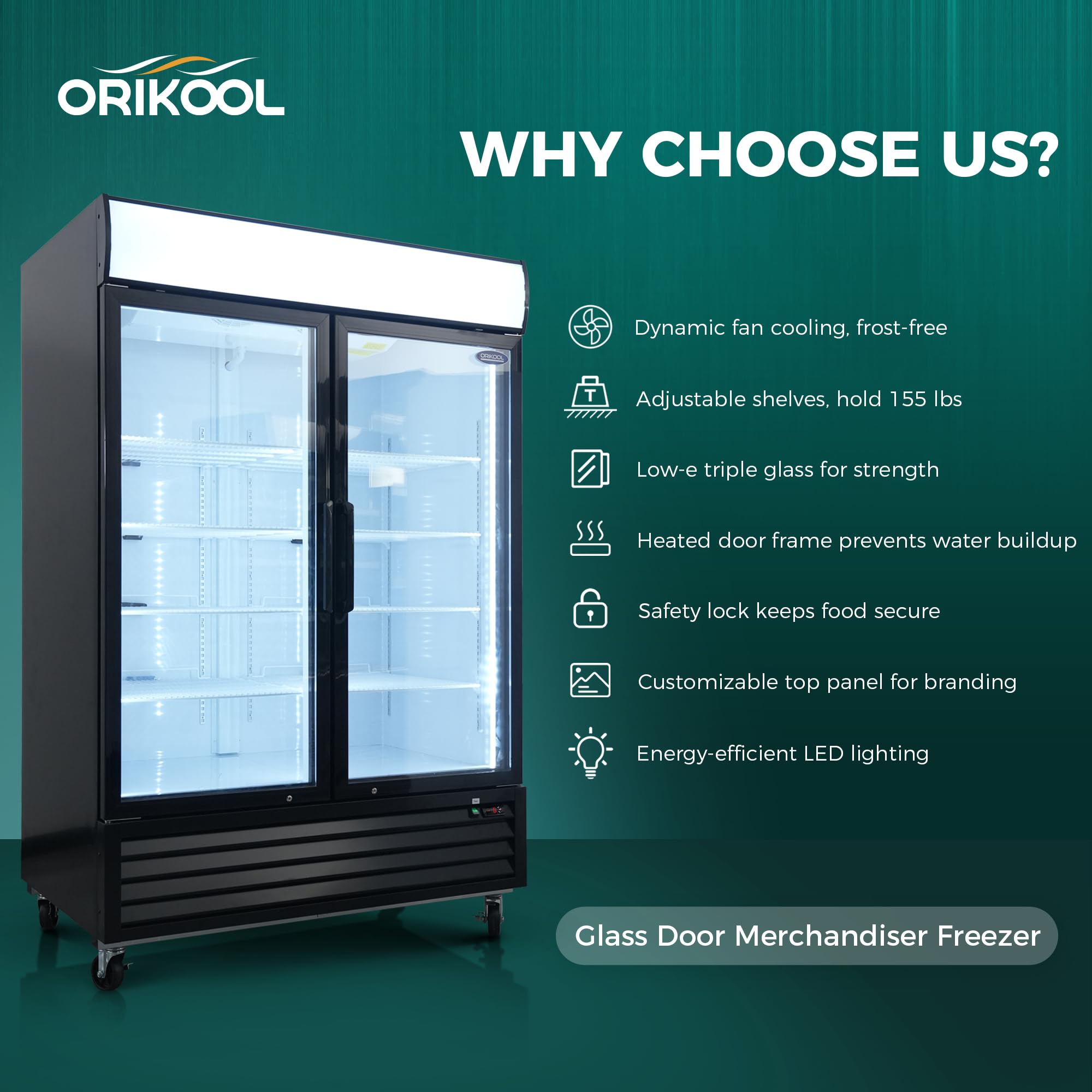 ORIKOOL 81" Commercial Merchandiser Freezer Upright, -8~-1℉, 70 Cu.ft, 3 Glass Doors Display Freezer, LED Top Panel, ETL & DOE