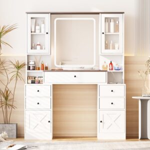 Vanity Desk with Mirror and Lights,White Makeup Vanity Table with Power Strip & LED Lighted Mirror,43in Large Makeup Desk with 5 Drawers,4 Cabinets and Lots Storage,3 Lighting Modes,White+Brown