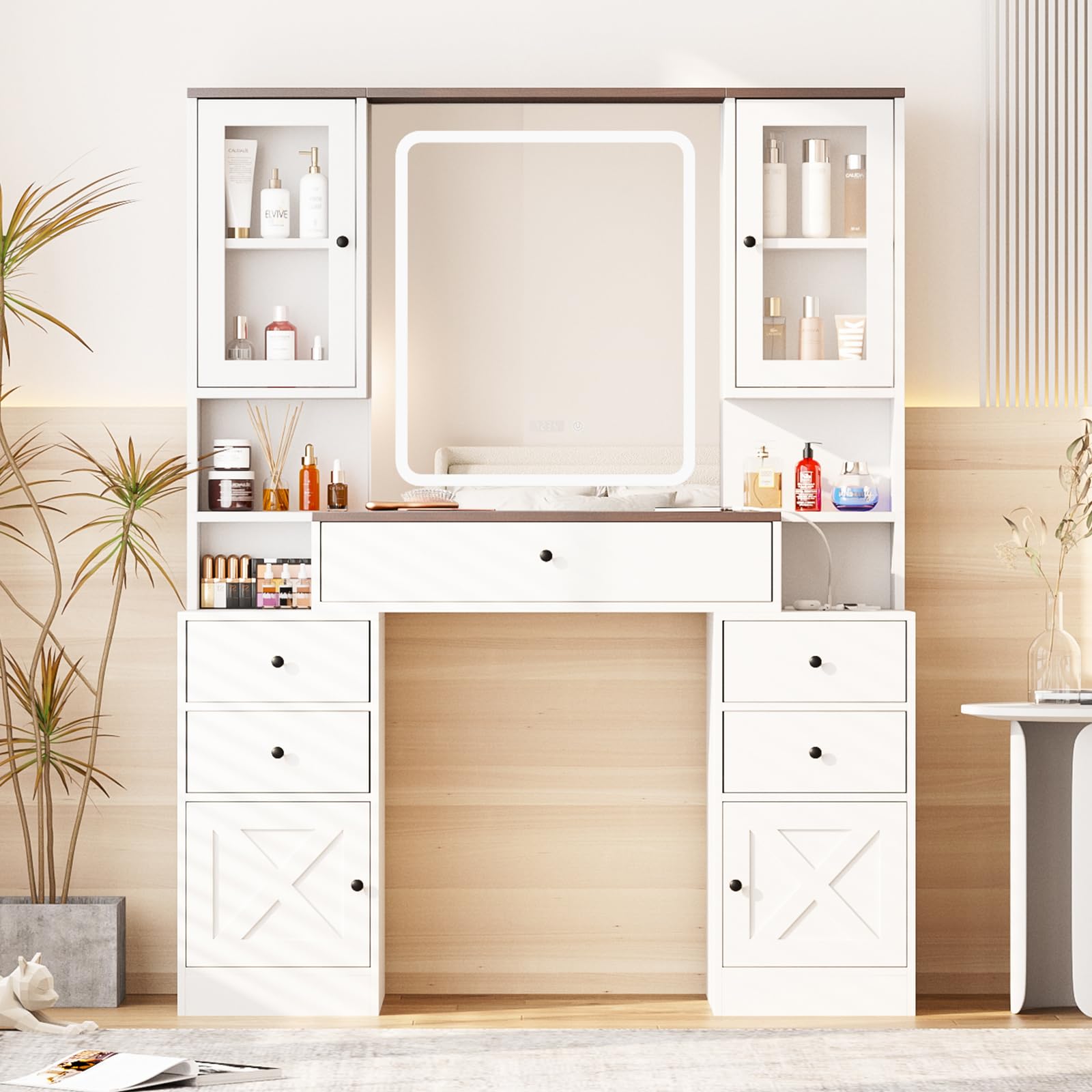 Vanity Desk with Mirror and Lights,White Makeup Vanity Table with Power Strip & LED Lighted Mirror,43in Large Makeup Desk with 5 Drawers,4 Cabinets and Lots Storage,3 Lighting Modes,White+Brown