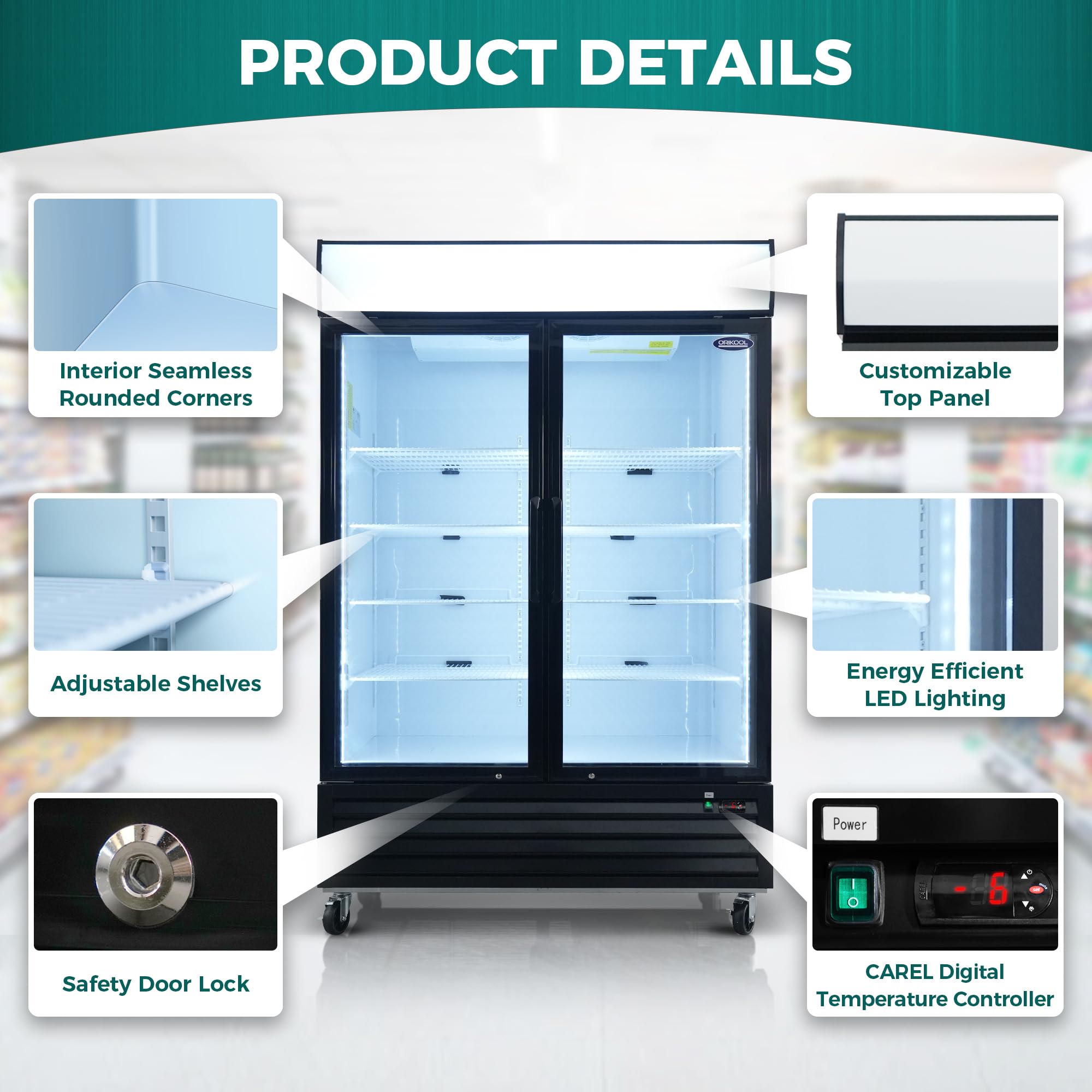 ORIKOOL 81" Commercial Merchandiser Freezer Upright, -8~-1℉, 70 Cu.ft, 3 Glass Doors Display Freezer, LED Top Panel, ETL & DOE