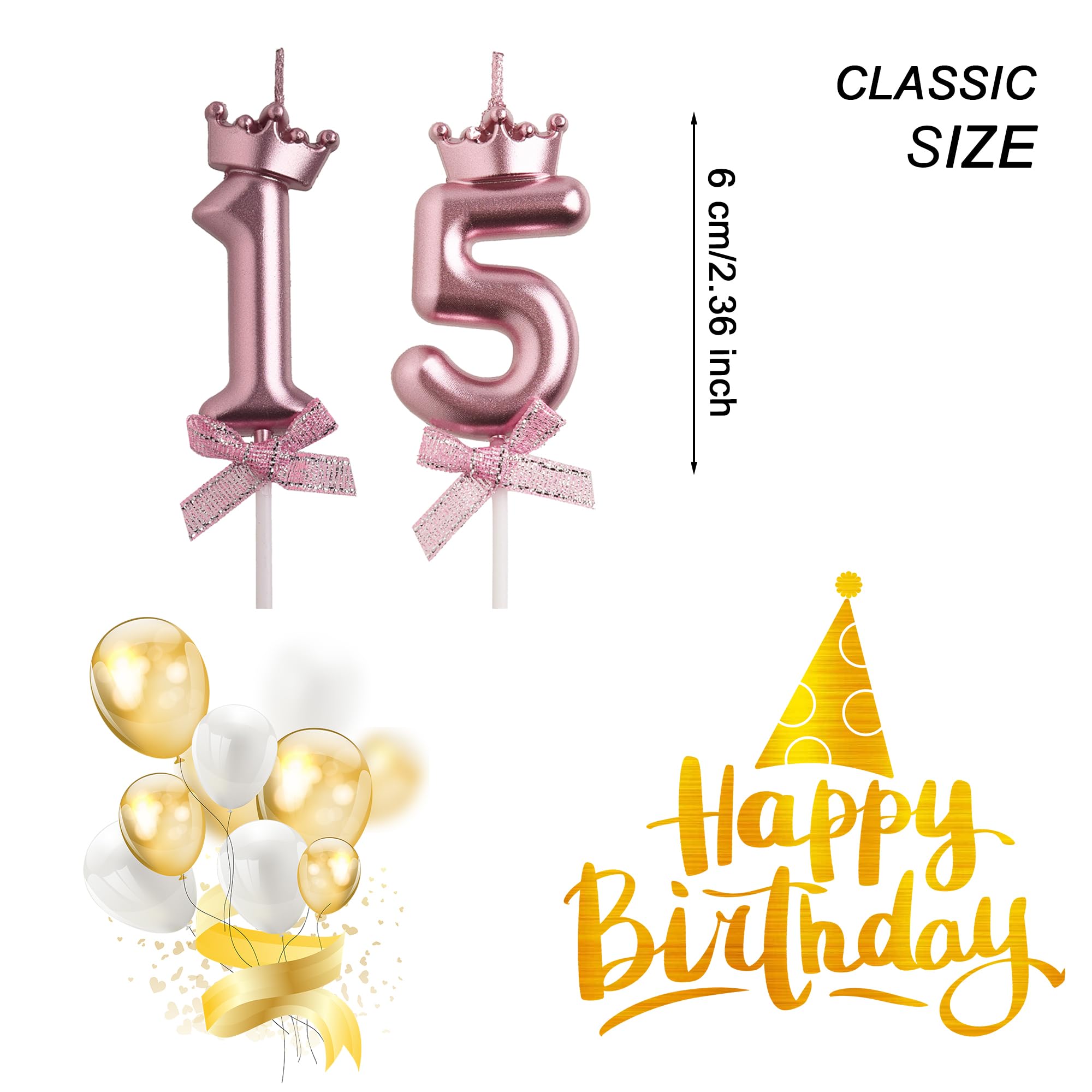 AOOLADA 15th Birthday Candles, Rose Gold 3D Number 15 Happy Birthday Candle with Crown, Cake Topper Decorations for Teenagers Boys Girls